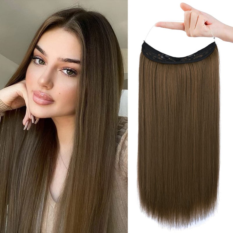 REECHO Invisible Wire Hair Extensions with Transparent Headband Adjustable Size Removable Secure Clips in Straight Secret Hairpiece for Women 20 Inch Chocolate Brown
